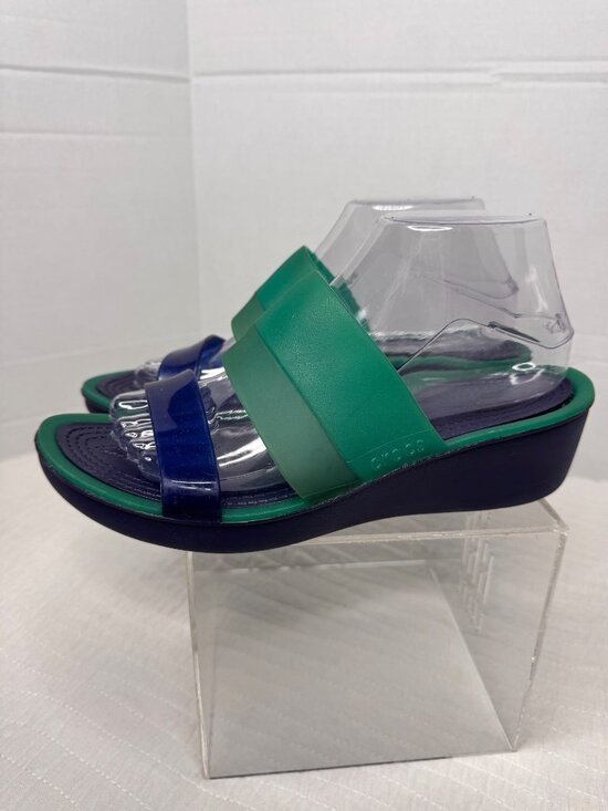 CROCS Shoes - Crocs Mini Wedge Sandals Women 9 Colorblock Green Blue Strappy Comfort Pool